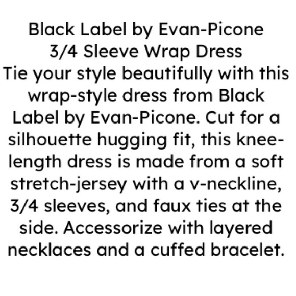 Black Label By EVAN PICONE 
3/4 Sleeve Wrap Dress Size 6 - Picture 5 of 6